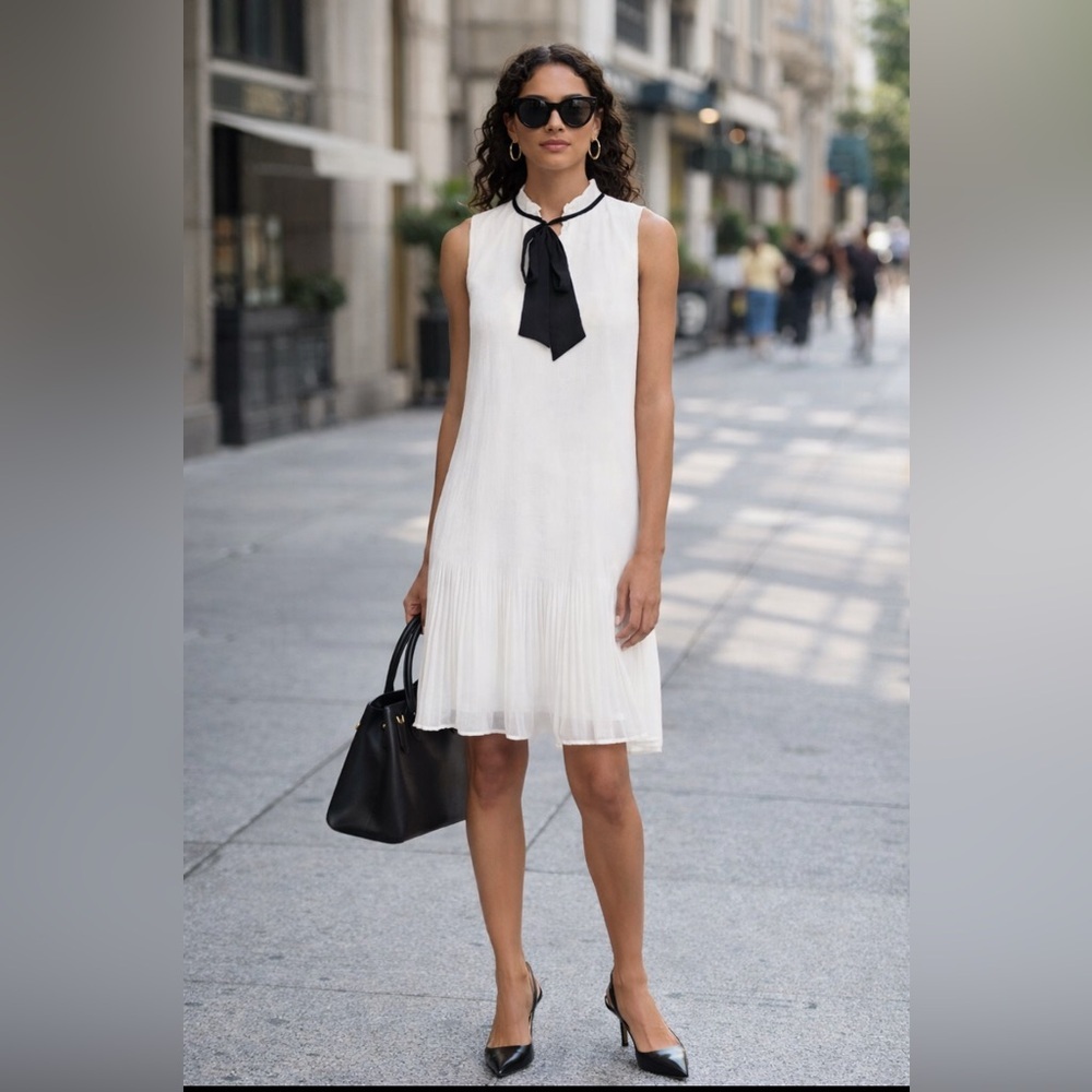 NWT DKNY Ivory Cream & Black Tie-Neck Pleated Sleeveless Shift Dress Sz 14 $139 - Picture 3 of 14